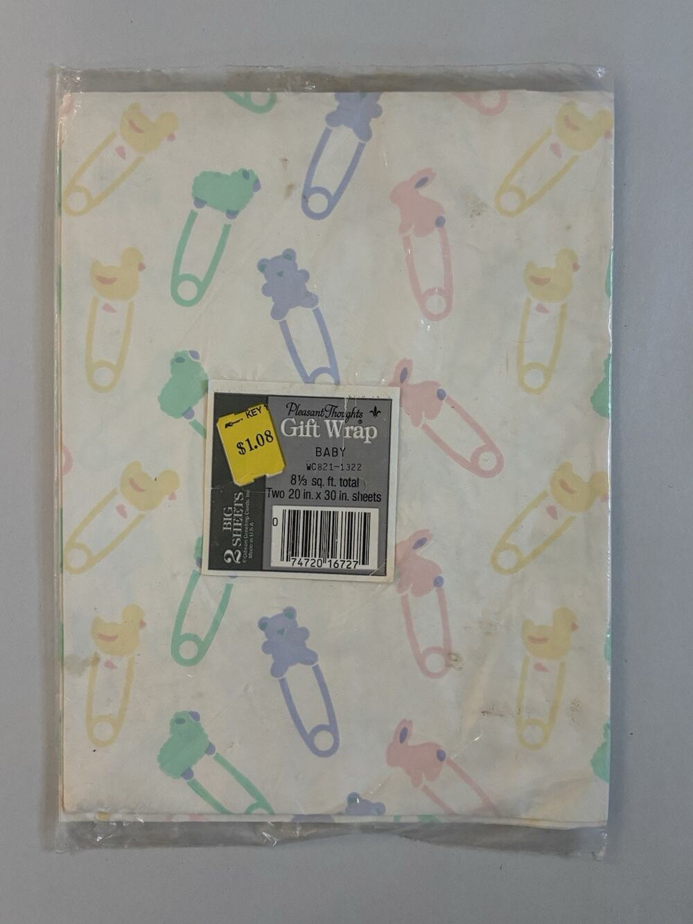 Vtg 90s Gibson Pleasant Thoughts Baby Gift-Wrap Sealed 2 Sheets Safety Pins